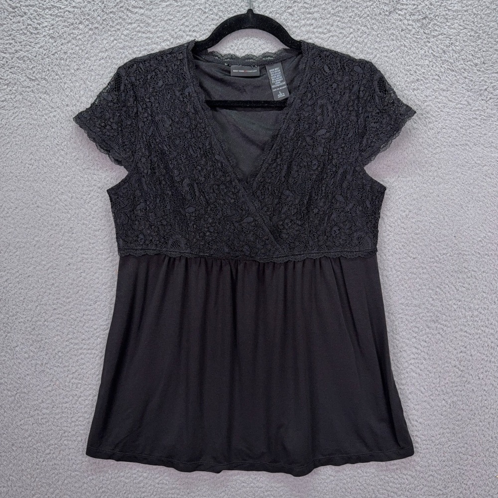 NY & Co Top Womens L‎ Black Cap Sleeve Tunic Whimsigoth Lace Dark Witchy Y2K